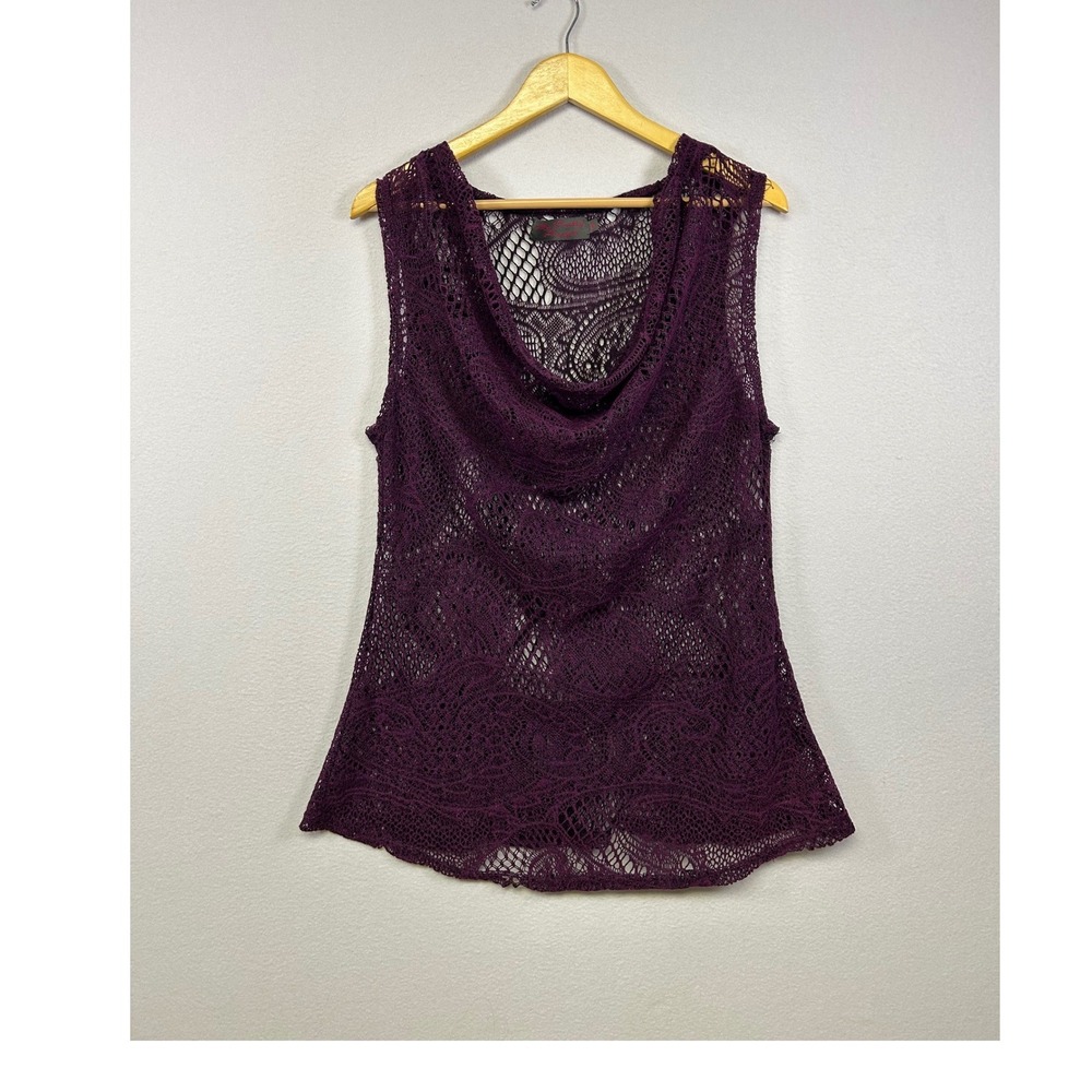 Whimsigoth My Pretty Angel Womens Medium Purple Crochet Cowl Neck Sheer Tank Top